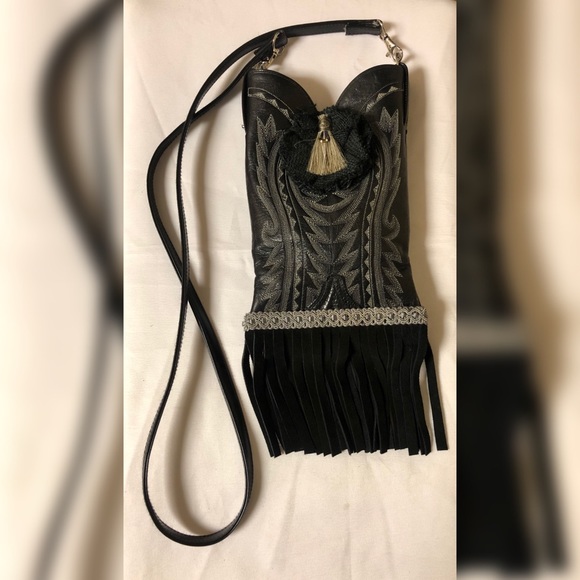 DAN POST BOOTS Handbag Black Leather Suede Fringes - Picture 4 of 8